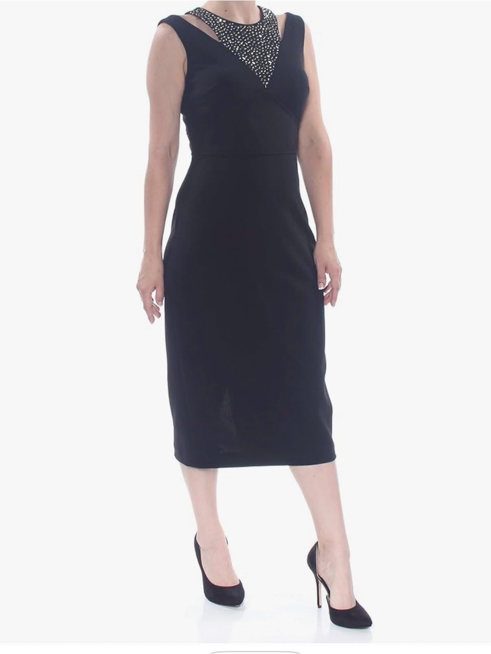 Calvin Klein Black Sleeveless Midi Sheath Dress with Gold Beaded Yoke. Sz. 8 NWT
